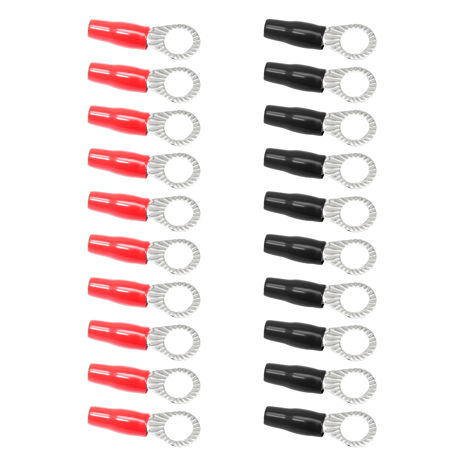 RT838-20 - 20pcs 8awg Copper Ring Terminals, 3/8” Ring Hole, Shiny Nickel Plated Crimp Ring Terminals with 20pcs Red & Black Soft Boots