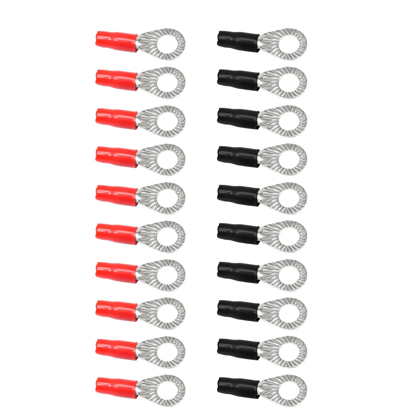RT10516-20 - 20pcs 10awg Copper Ring Terminals, 5/16” Ring Hole, Shiny Nickel Plated Crimp Ring Terminals with 20pcs Red & Black Soft Boots