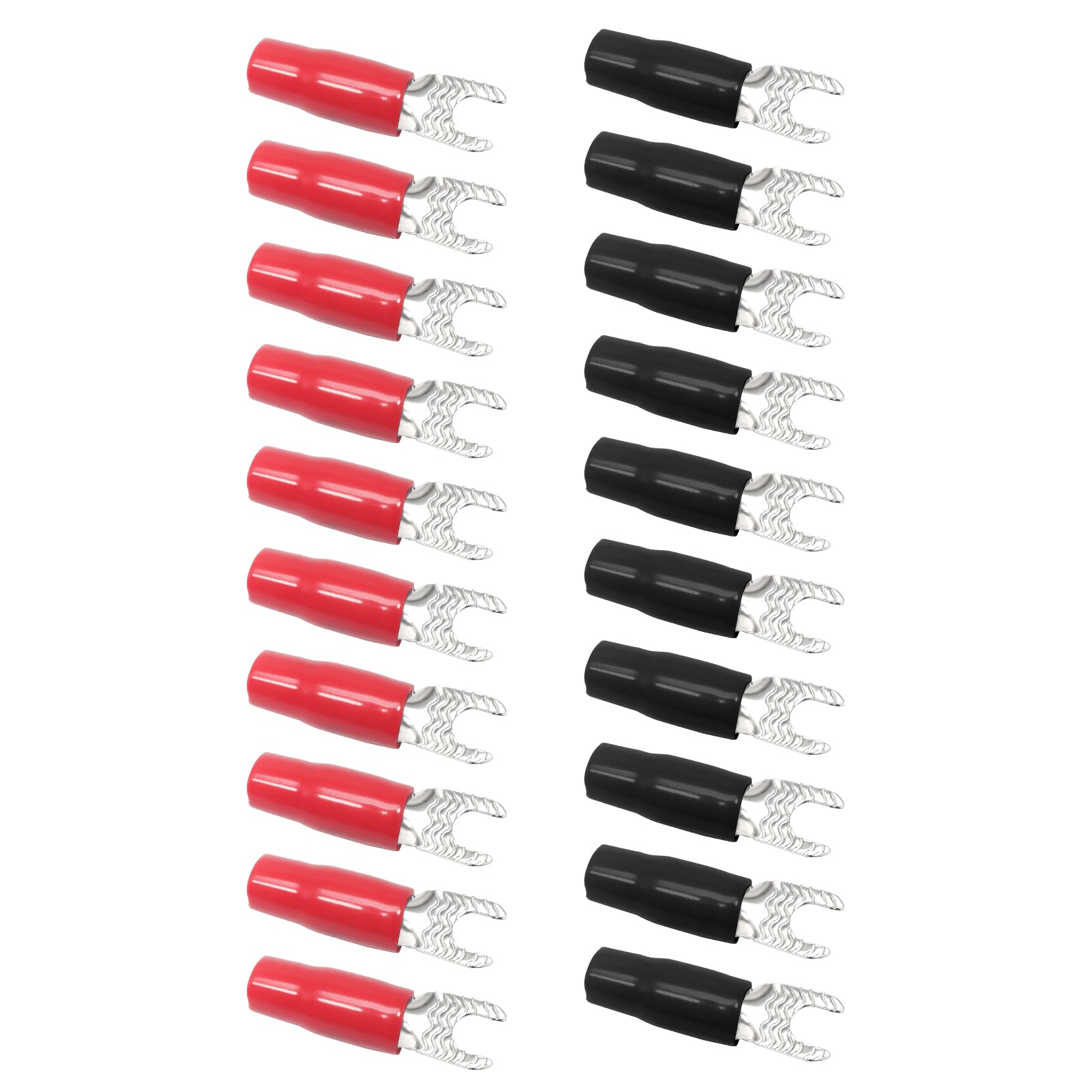 ST1008-20 - 20pcs 10awg Copper Spade Terminals, #8 Opening, Shiny Nickel Plated Crimp Ring Terminals with 20pcs Red & Black Soft Boots