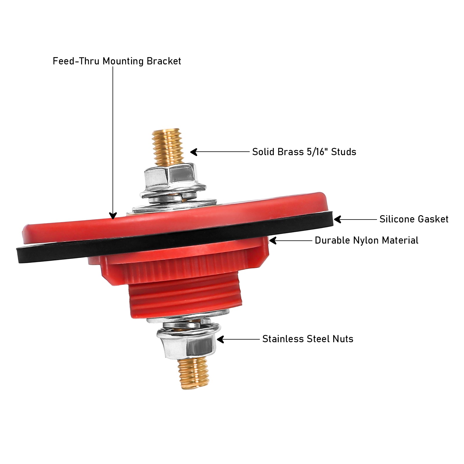 BTTP-516 - Premium High Current 5/16” Feed-thru Panel Battery Terminal Connectors with Silicone Terminal Covers, Red & Black Pair