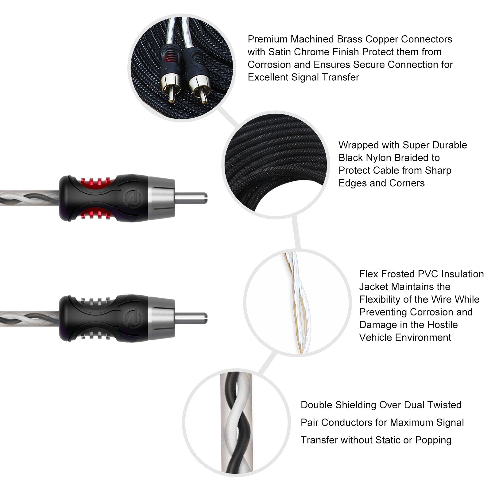 PCI212 - Premium 100% Oxygen Free Copper 12ft 2-channel RCA Audio Interconnects Cable, Double Shielded with Noise Reduction