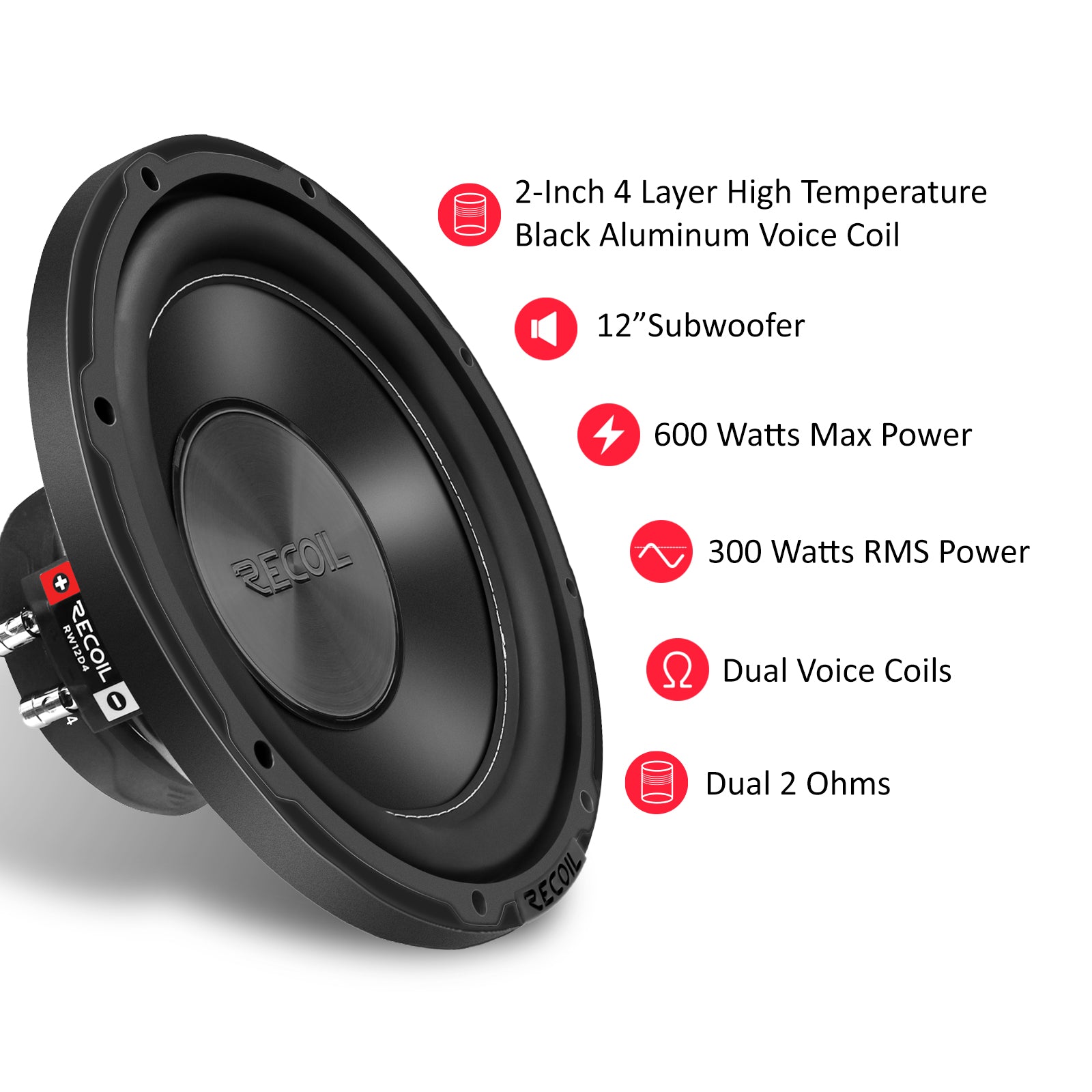 RW12D4 - Echo Series 12 Inch Subwoofer - 600 Watts Power Dual 4 OHM Voice Coil, 2" Black-coated 4 Layer High Temperature Voice Coil, Competition Grade Pressed Paper Cone