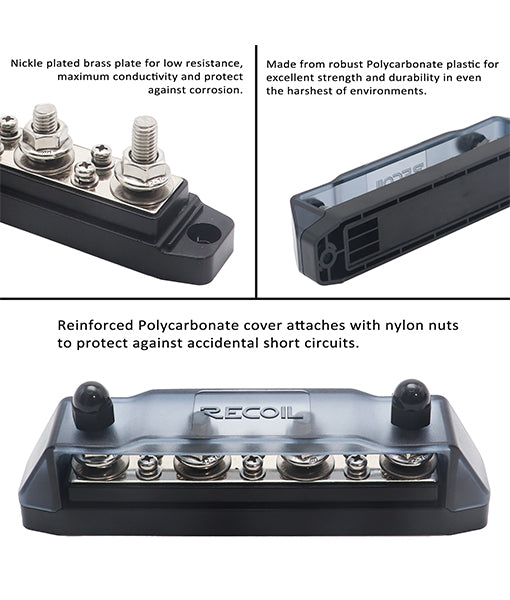 BB46B - Busbar 4 X 5/16” Studs and 6 X #8 Screw Terminals Power Distribution Block with Ring Terminals, Black