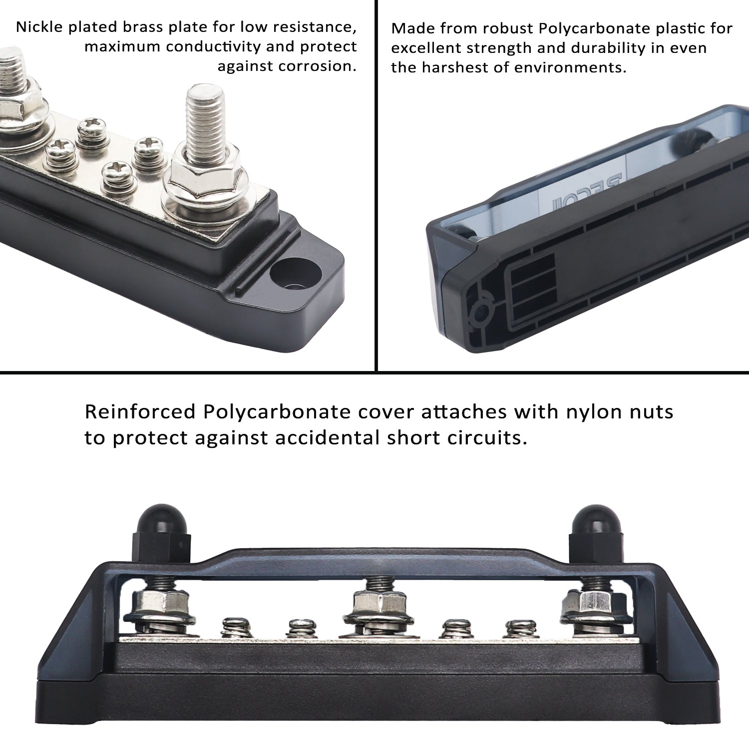 BB38B - Busbar 3 X 5/16” Studs and 8 X #8 Screw Terminals Power Distribution Block with Ring Terminals, Black
