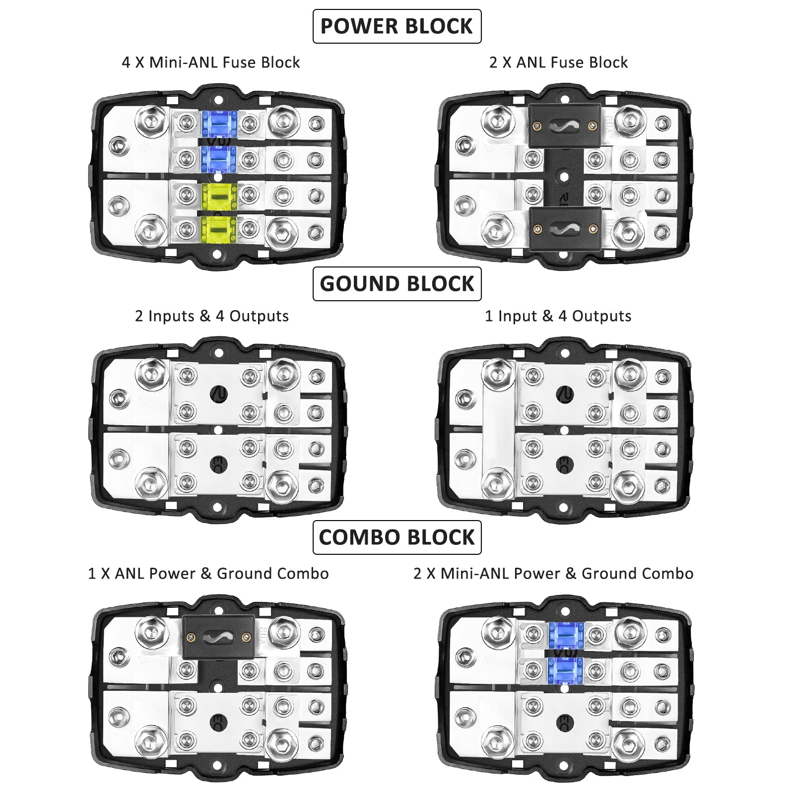 MFH24 - 4-way Mini-anl or ANL Fused Distribution Block, 2 X 0/2/4 Gauge in / 4 X 4/8 Gauge Out, Fuse Power Block, Ground Block or Combo Block, Includes Fuses and Jumper Bars, Solid Brass for Maximum Power Transfer