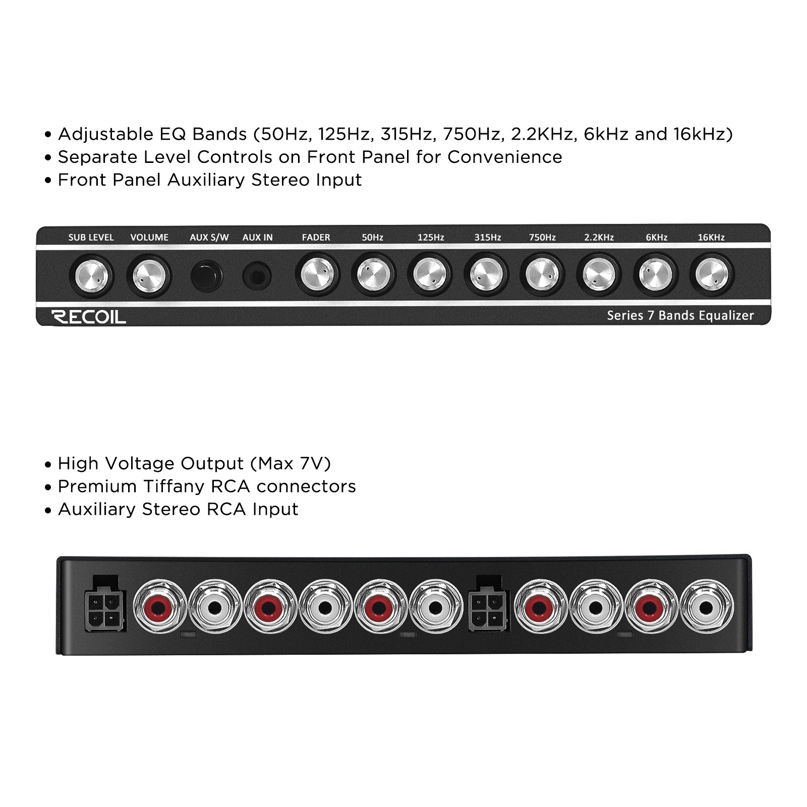 REQ7 - 7 Band 1/2 Din Pre-amp Car Audio Parametric Graphic Equalizer with RCA & Auxiliary Inputs