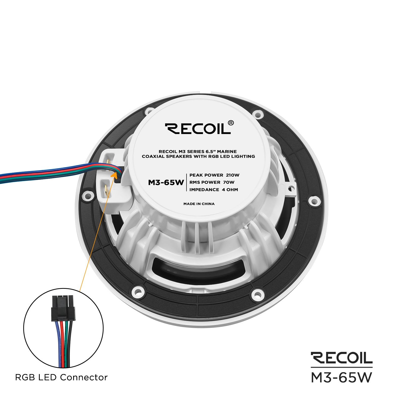 M3-65W - 6.5 Inch 2-way Marine Boat Coaxial Speakers with Built-in RGB LED, Sold in Pair