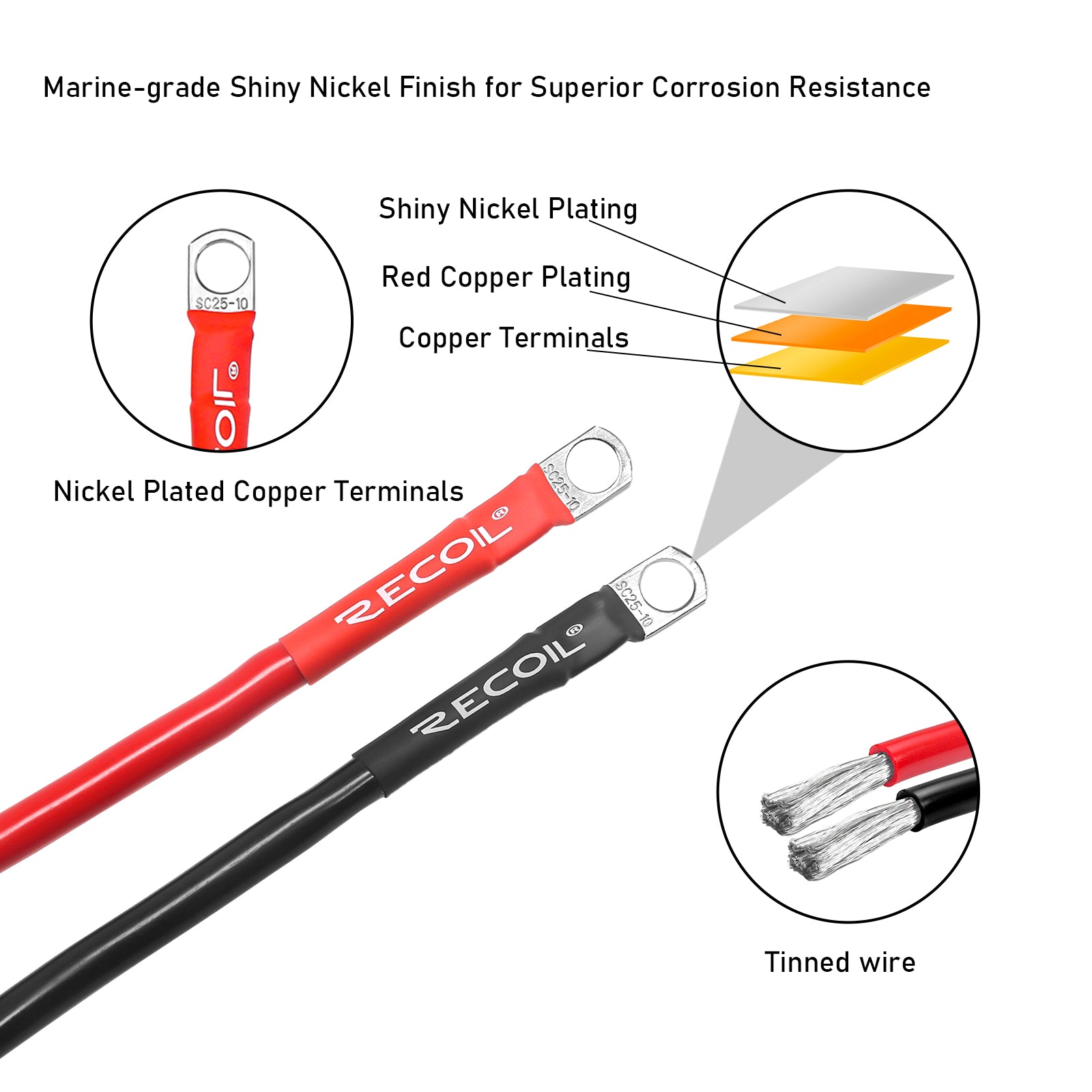 SPG4-1 - True Spec 4 Gauge 1ft Battery Inverter Cable Sets, Tinned 99.99% Oxygen Free Copper Wire with 3/8” Heavy Duty Ring Terminals for Solar, Auto, Car, RV, UTV, ATV, Motorcycle, Bike & Marine