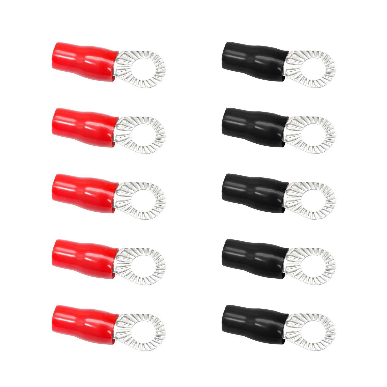 RT0516-10 - 10pcs 0awg Copper Ring Terminals, 5/16” Ring Hole, Shiny Nickel Plated Crimp Ring Terminals with 10pcs Red & Black Soft Boots