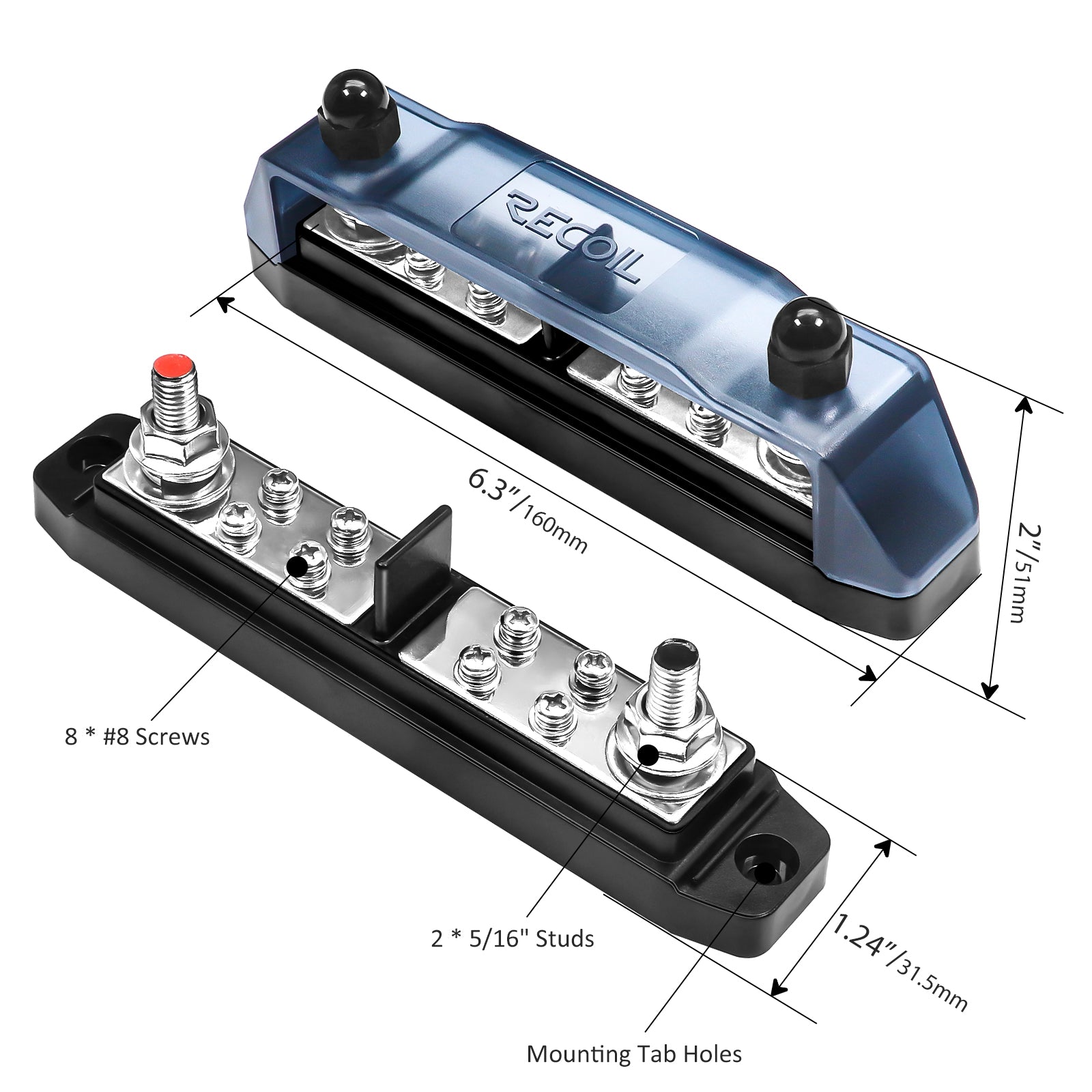 BBPG5 - Busbar Positive and Negative 2 X 5/16” Studs and 8 X #8 Screw Terminals Power Distribution Block with Ring Terminals