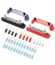 BB212P - Bus Bar 2 X 5/16” Studs and 12 X #8 Screw Terminals Power Distribution Block Busbar with Ring Terminals Pair, Red & Black