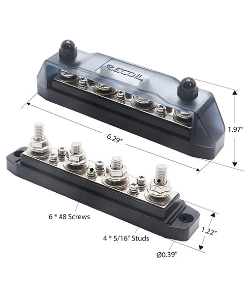 BB46B - Busbar 4 X 5/16” Studs and 6 X #8 Screw Terminals Power Distribution Block with Ring Terminals, Black