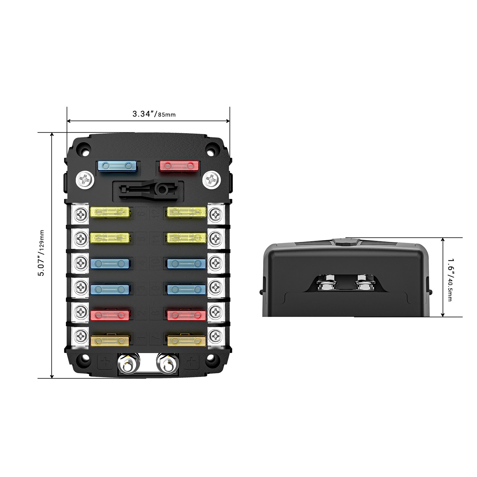 AF12 - 12-way Atc/ato Fuse Block, 12-circuit Power Block for Car RV Truck Boat Utv/atv, Bolt Terminals, 24pcs Fuses, Screws, Fuse Tool & Sticker Labels