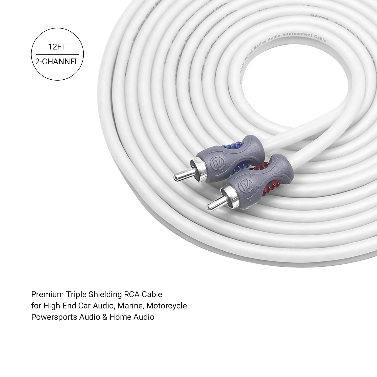 RMI212 - Echo Plus Series Tinned Oxygen Free Copper 2-channel 12ft RCA Audio Interconnects Cable for High-end Car Audio, Marine, Motorcycle & Utv/atv Audio, Triple-shielded with Noise Rejection for Tough Environment