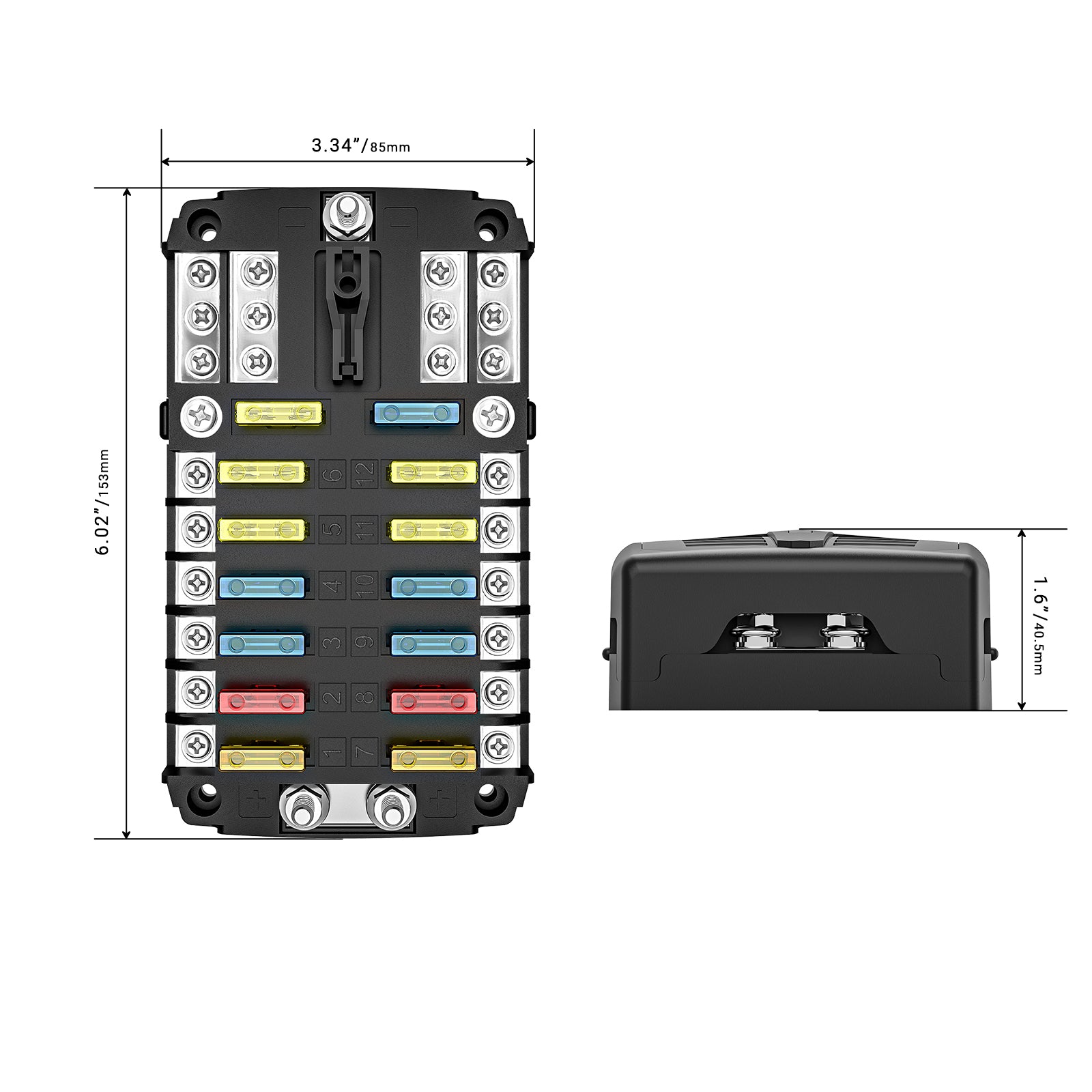 AFG12 - 12-way Atc/ato Fuse Block with Negative Busbar, 12-circuit Power & Ground Combo Block for Car RV Truck Boat Utv/atv, Bolt Terminals, 24pcs Fuses, Screws, Fuse Tool & Sticker Labels