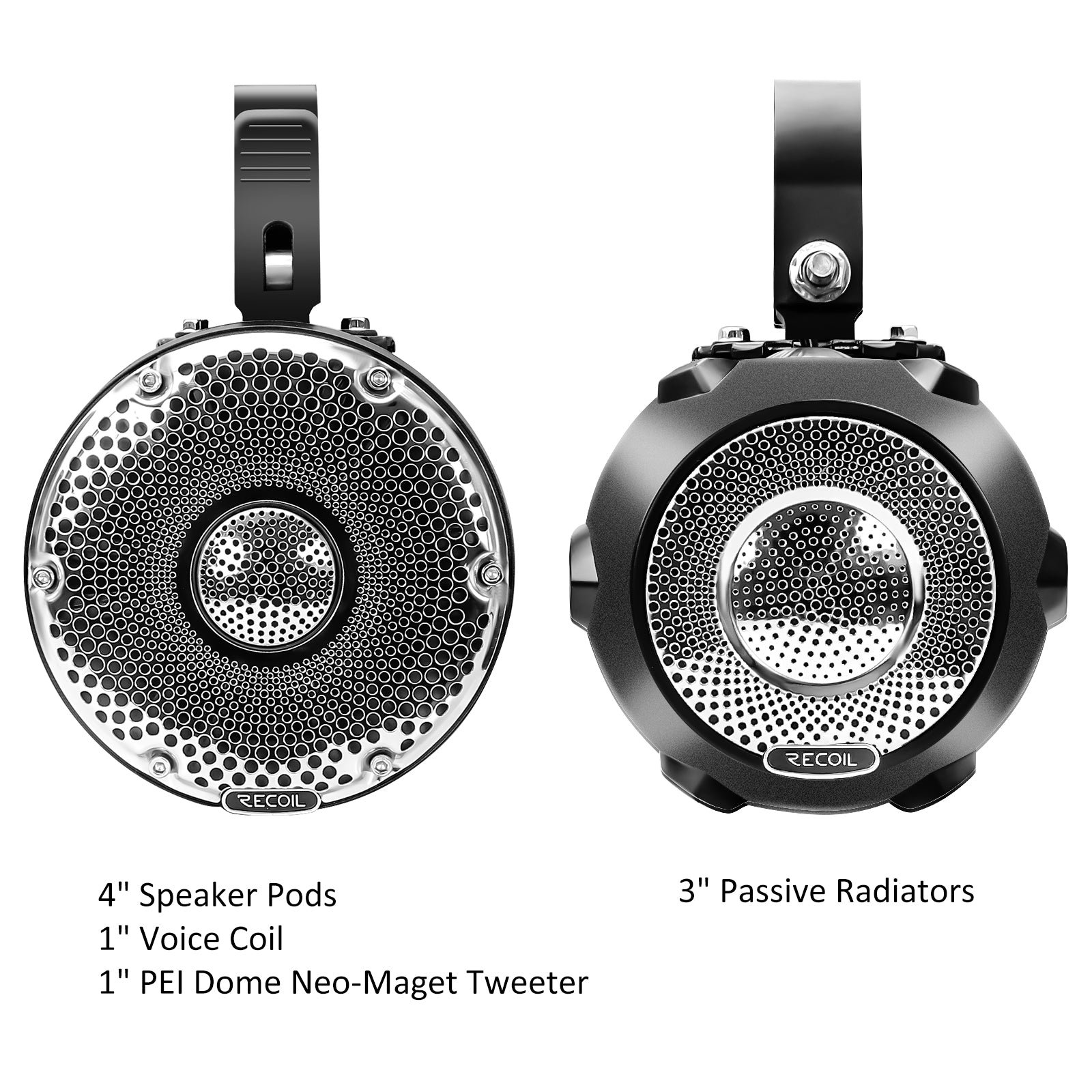 R4 - Marine and Powersports 200 Watts Speaker System, Super Loud 4" Speaker Pods with 3" Passive Radiators, for UTV, ATV, Golf Cart, Boat, Off-road Motorsports Audio, Pair