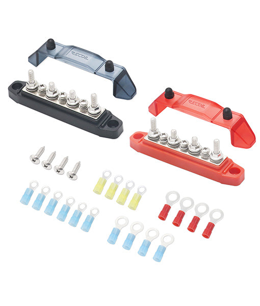 BBS43-P - Bus Bar 4 X 1/4” Studs, 3 X #8 Screw Terminals Power Distribution Block with Ring Terminals (pair Red & Black)