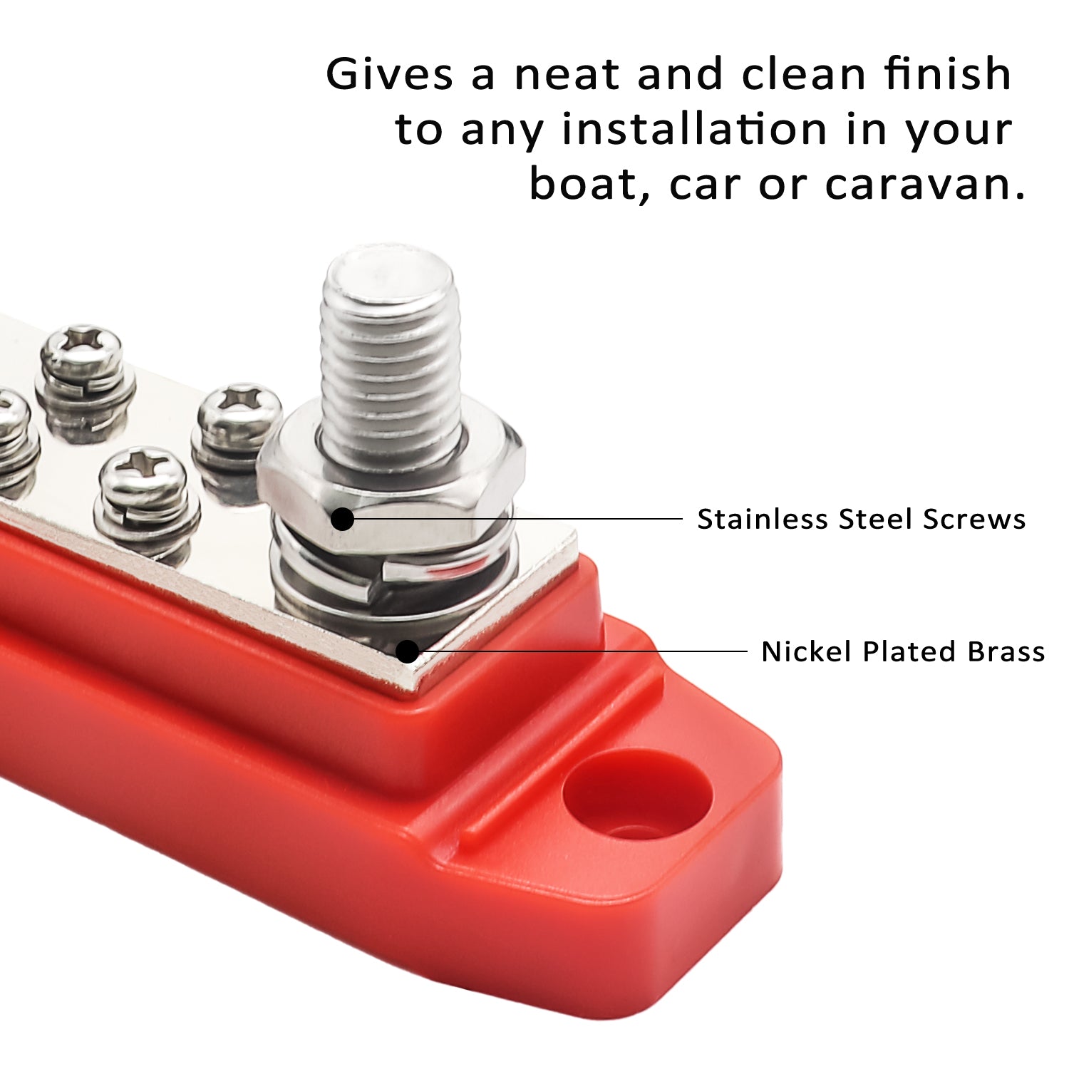 BB38R - Busbar 3 X 3/8” Studs and 8 X #8 Screw Terminals Power Distribution Block with Ring Terminals, Red