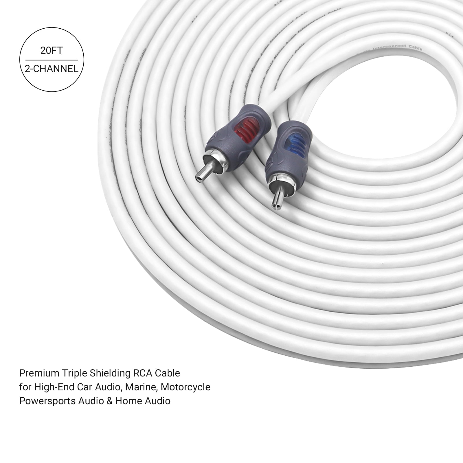 RMI220 - Echo Plus Series Tinned Oxygen Free Copper 2-channel 20ft RCA Audio Interconnects Cable for High-end Car Audio, Marine, Motorcycle & Utv/atv Audio, Triple-shielded with Noise Rejection for Tough Environment