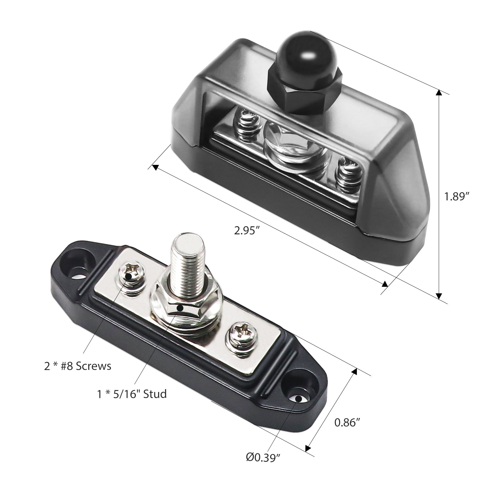 S12P-516 - Pair 3 Connections Busbar 1 X 5/16” Stud 2 X #8 Screw Terminals Power Distribution Block with Ring Terminals (red & Black)