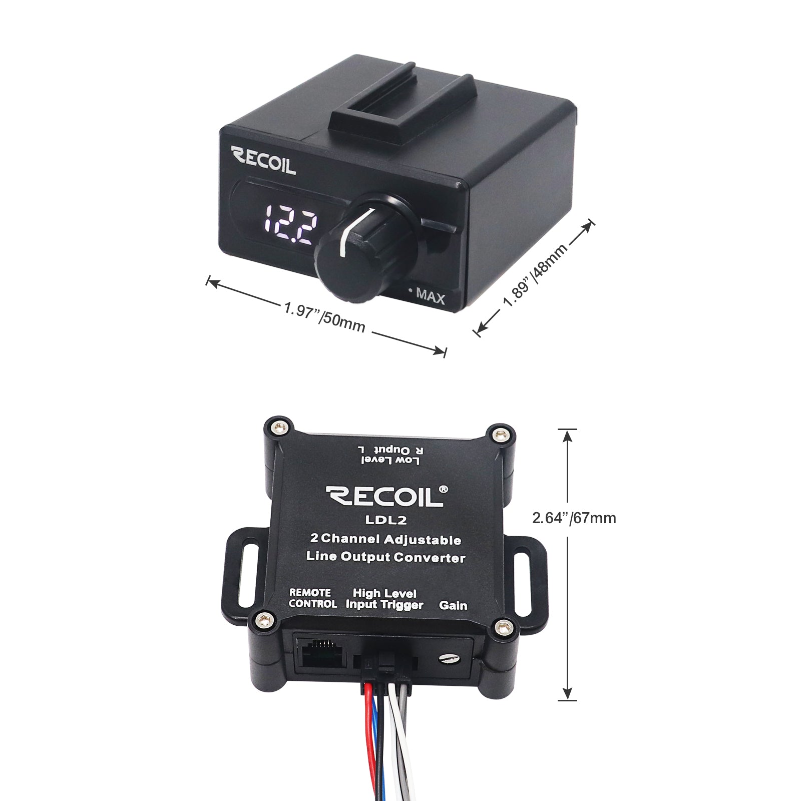 LDL2 - Two Channel Speaker Cable to RCA Adjustable Line Output Converter with Bass Level Controller and Voltage Meter