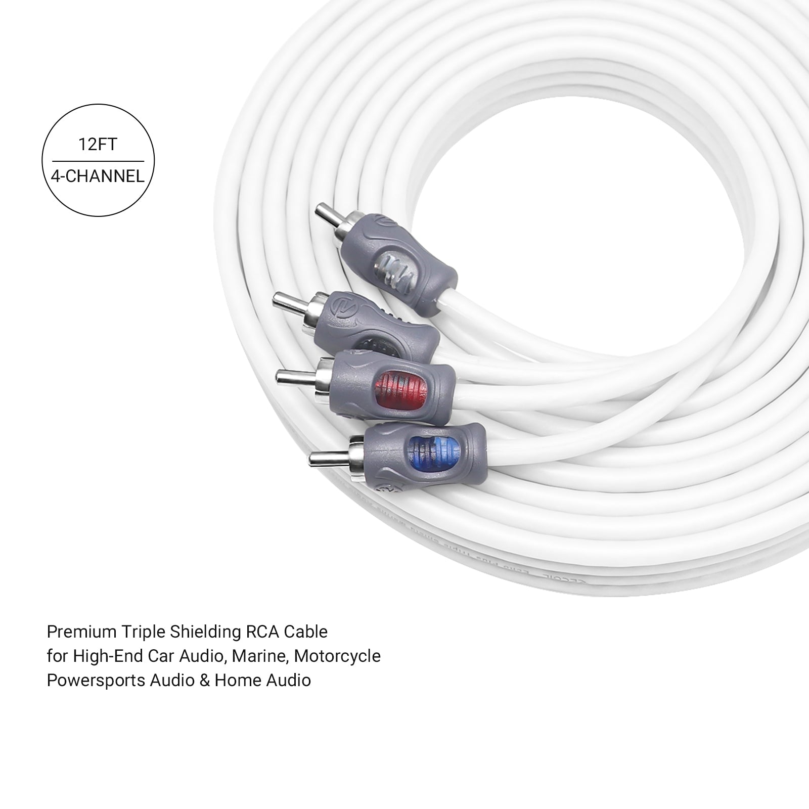 RMI412 - Echo Plus Series Tinned Oxygen Free Copper 4-channel 12ft RCA Audio Interconnects Cable for High-end Car Audio, Marine, Motorcycle & Utv/atv Audio, Triple-shielded with Noise Rejection for Tough Environment