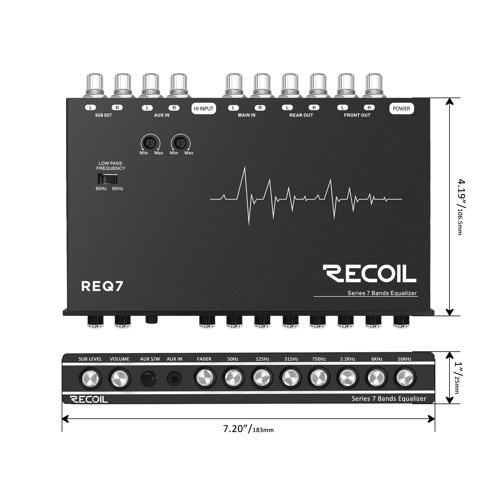 REQ7 - 7 Band 1/2 Din Pre-amp Car Audio Parametric Graphic Equalizer with RCA & Auxiliary Inputs