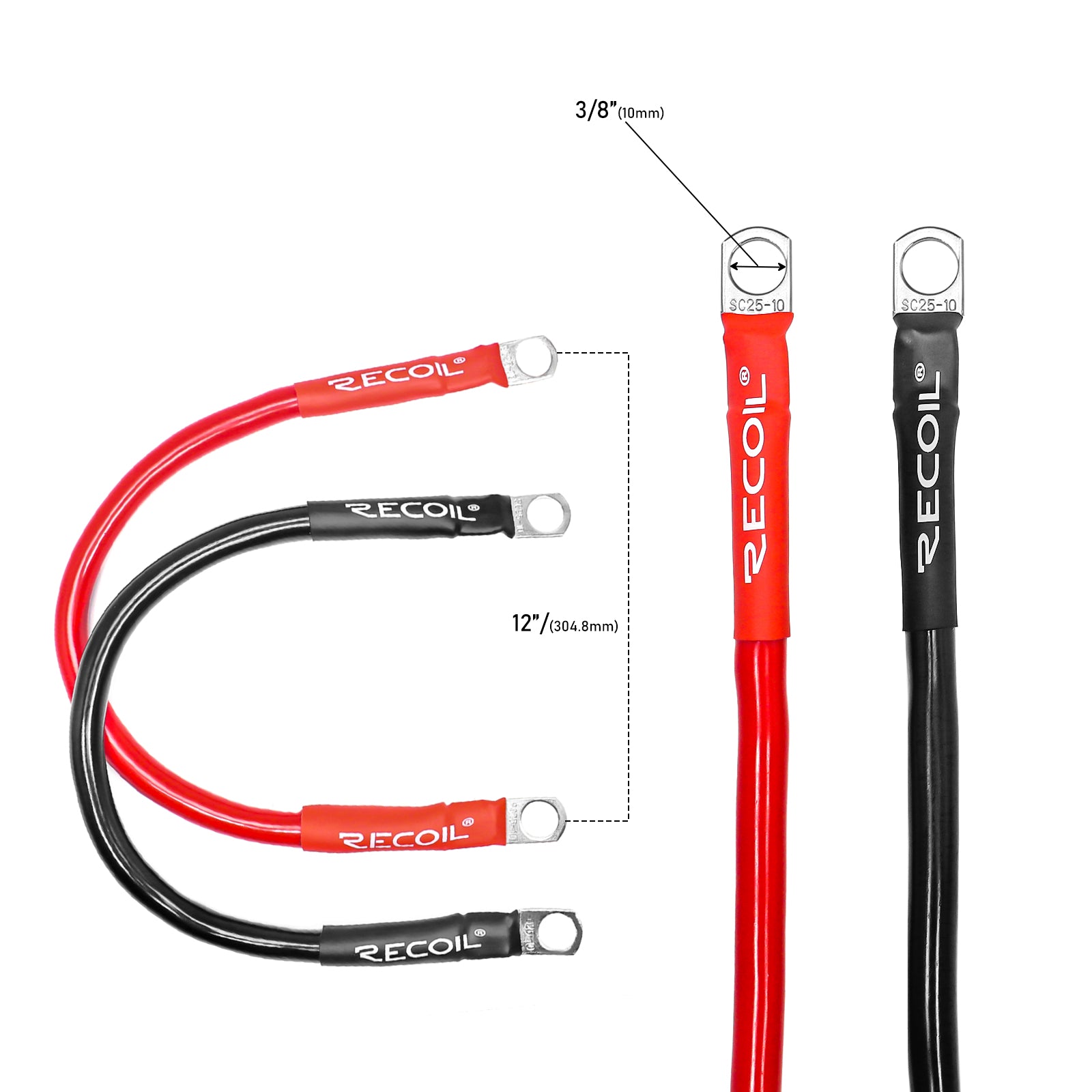 SPG4-1 - True Spec 4 Gauge 1ft Battery Inverter Cable Sets, Tinned 99.99% Oxygen Free Copper Wire with 3/8” Heavy Duty Ring Terminals for Solar, Auto, Car, RV, UTV, ATV, Motorcycle, Bike & Marine