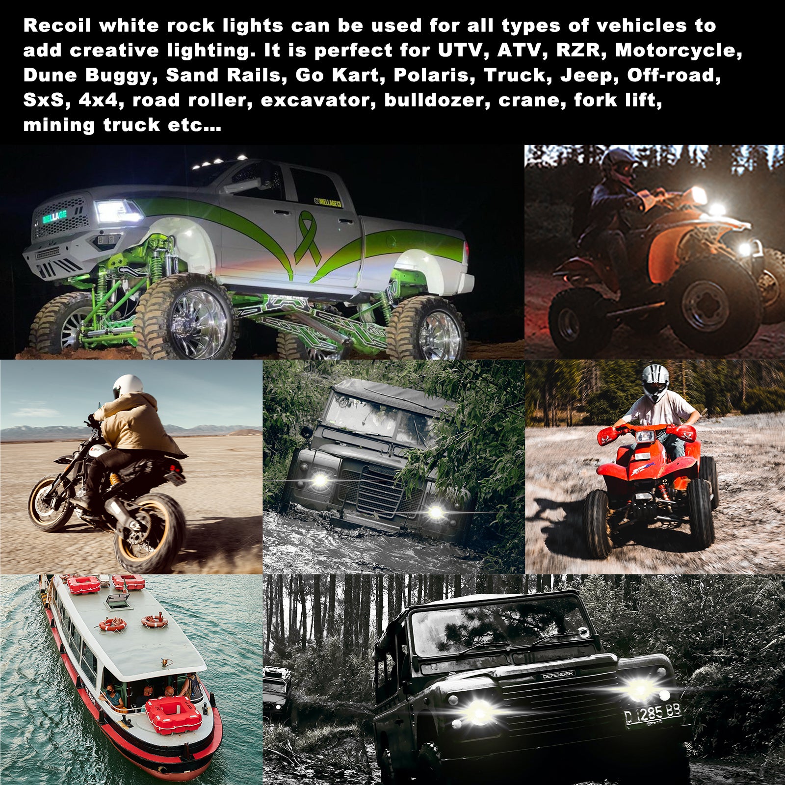 RLW-8 - IP68 Waterproof White LED Rock Lights 8 Pods, Under-glow White LED Light for Car Truck ATV UTV Suv Off-road Boat Motorcycle Vehicle, Under Body Glow Light Lamp Trail Fender Lighting