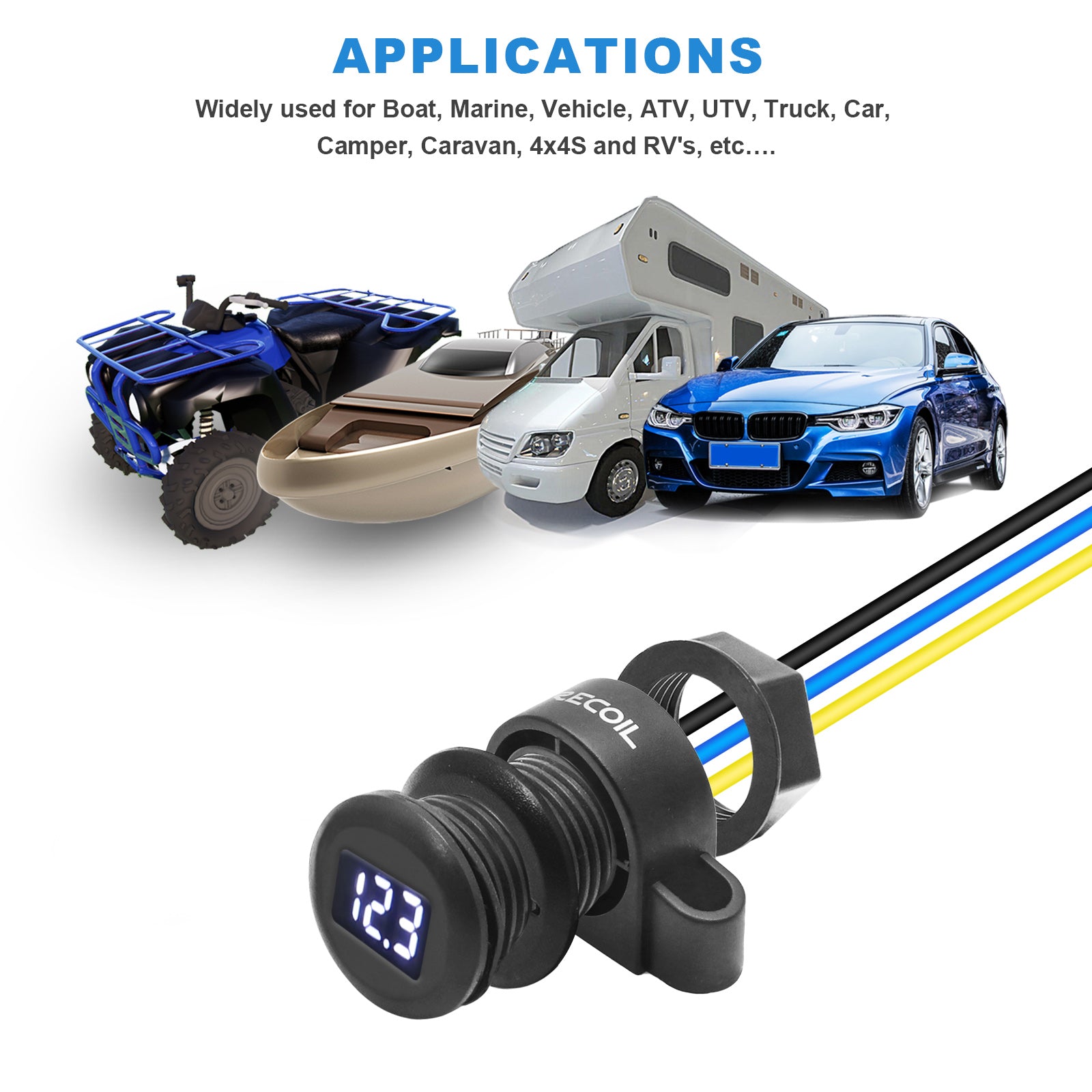 MDV - Super Mini Waterproof LED Display Voltmeter for Boat Marine Vehicle ATV UTV Truck Car Camper Caravan Bright White LED Display, Flush or Surface Mount