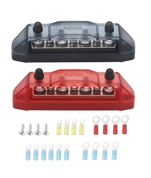 BBS43-P - Bus Bar 4 X 1/4” Studs, 3 X #8 Screw Terminals Power Distribution Block with Ring Terminals (pair Red & Black)
