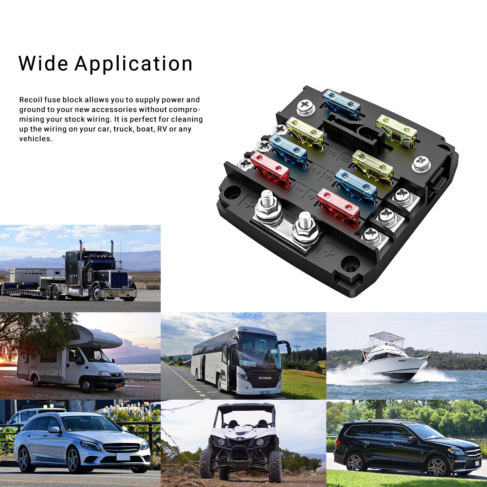 AF6 - 6-way Atc/ato Fuse Block, 6-circuit Power Block for Car RV Truck Boat Utv/atv, Bolt Terminals, 12pcs Fuses, Screws, Fuse Tool & Sticker Labels