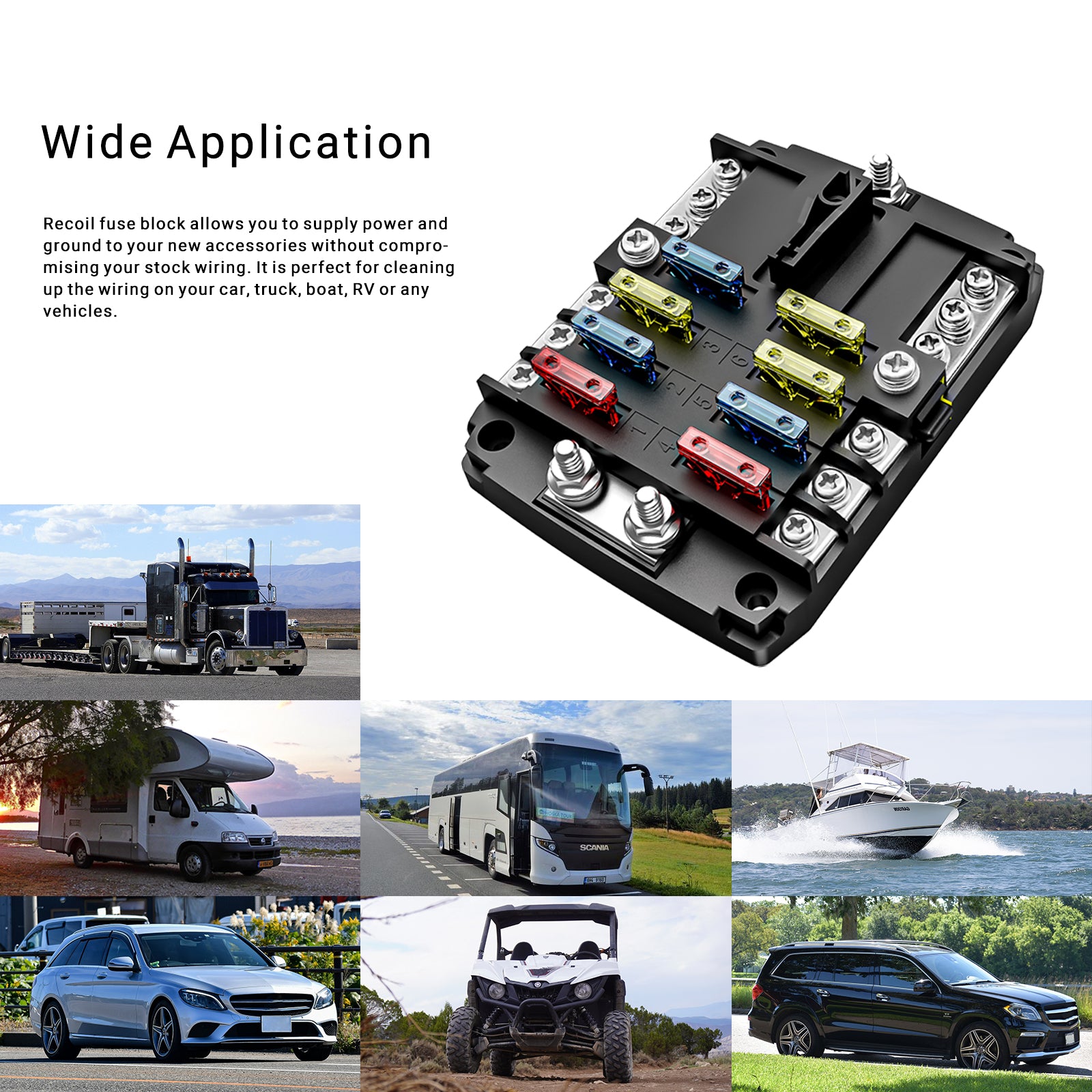 AFG6 - 6-way Atc/ato Fuse Block with Negative Busbar, 6-circuit Power & Ground Combo Block for Car RV Truck Boat Utv/atv, Bolt Terminals, 12pcs Fuses, Screws, Fuse Tool & Sticker Labels