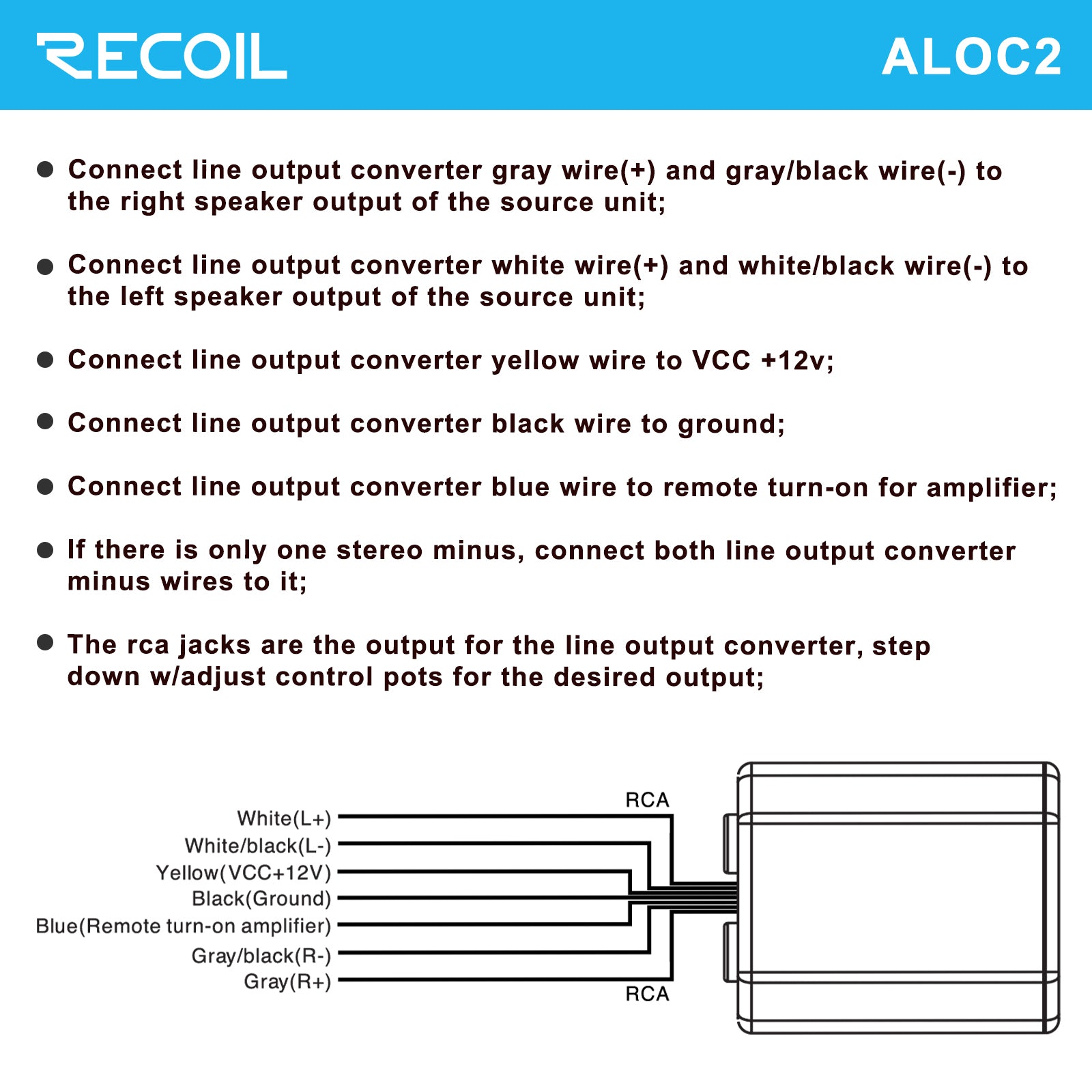 ALOC2 - Recoil 2-channel Speaker Cable to RCA Adjustable Line Output Converter with Remote