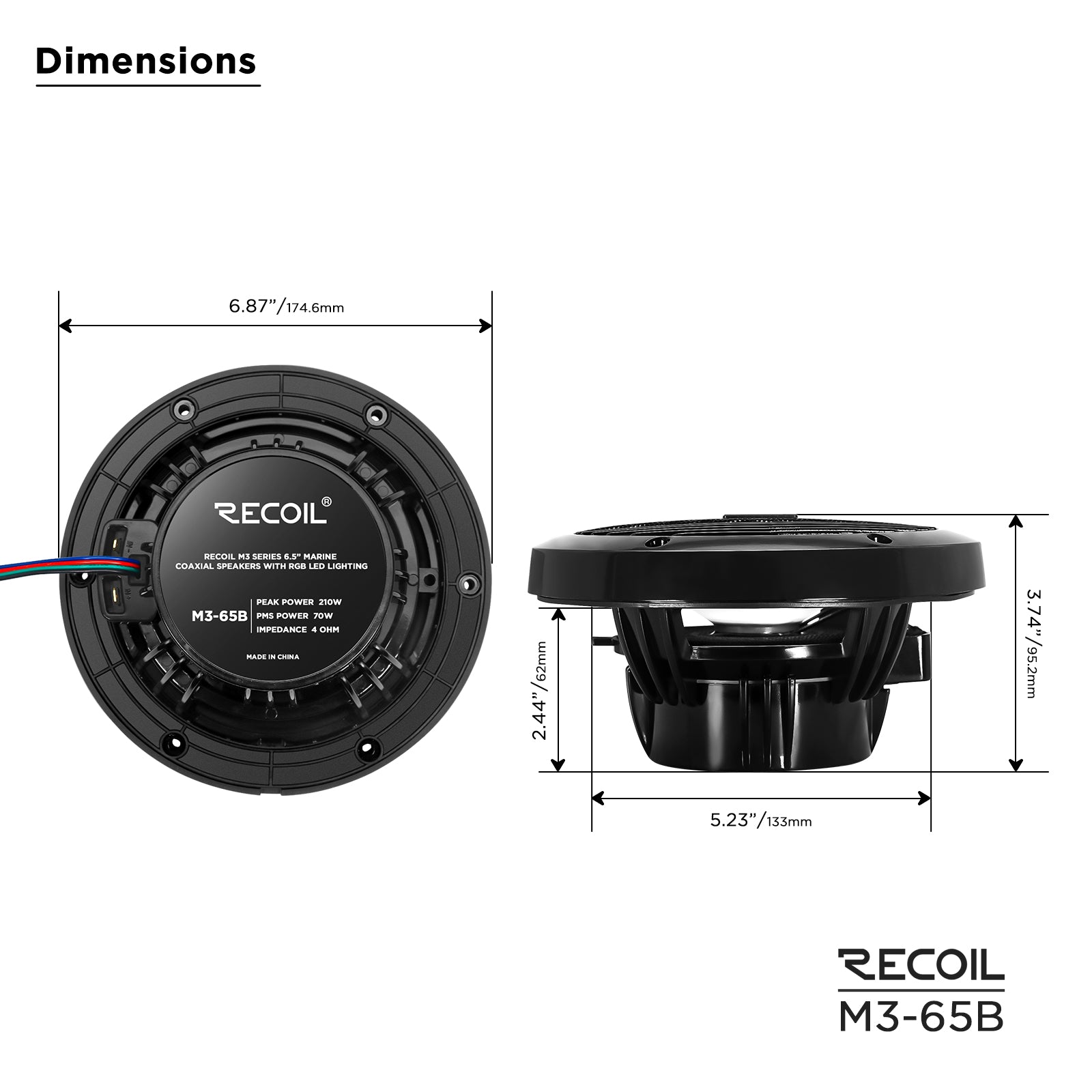 M3-65B - 6.5 Inch 2-way Marine Boat Coaxial Speakers with Built-in RGB LED, Black