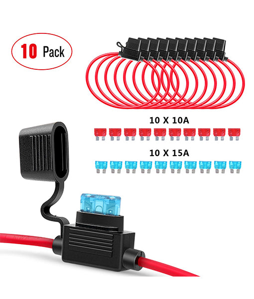 FH12-10 - Atc/ato Inline 16 AWG Fuse Holder with 10pcs 15a & 20a Fuses (10 Pack)