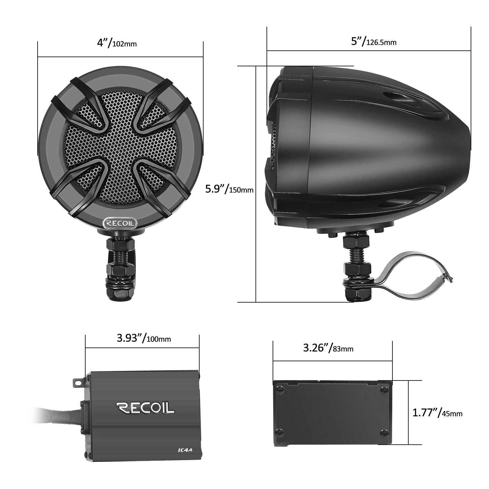 R3B-Q - Complete Quad Bluetooth Speakers System, Super Loud 3” Speakers, 360 Watts Class-D Amplifier with Built-in Bluetooth, Waterproof Wireless Remote, Great for Use with ATV, Motorcycle, Golf Cart & 12 Volt Vehicles
