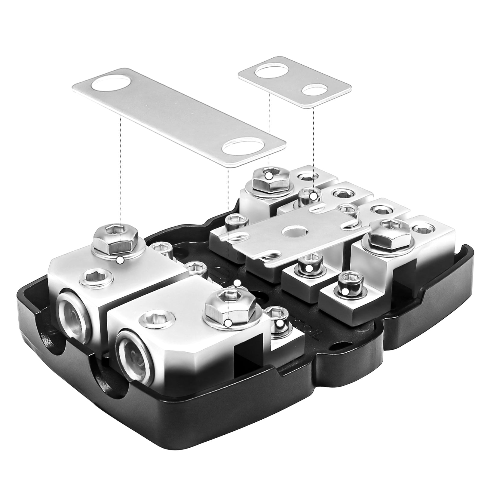 MFH24 - 4-way Mini-anl or ANL Fused Distribution Block, 2 X 0/2/4 Gauge in / 4 X 4/8 Gauge Out, Fuse Power Block, Ground Block or Combo Block, Includes Fuses and Jumper Bars, Solid Brass for Maximum Power Transfer