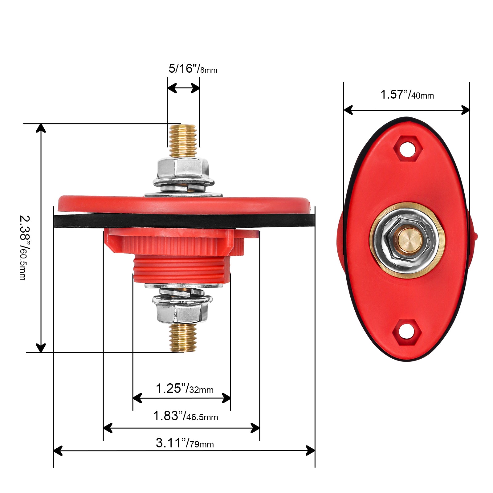 BTTP-516 - Premium High Current 5/16” Feed-thru Panel Battery Terminal Connectors with Silicone Terminal Covers, Red & Black Pair