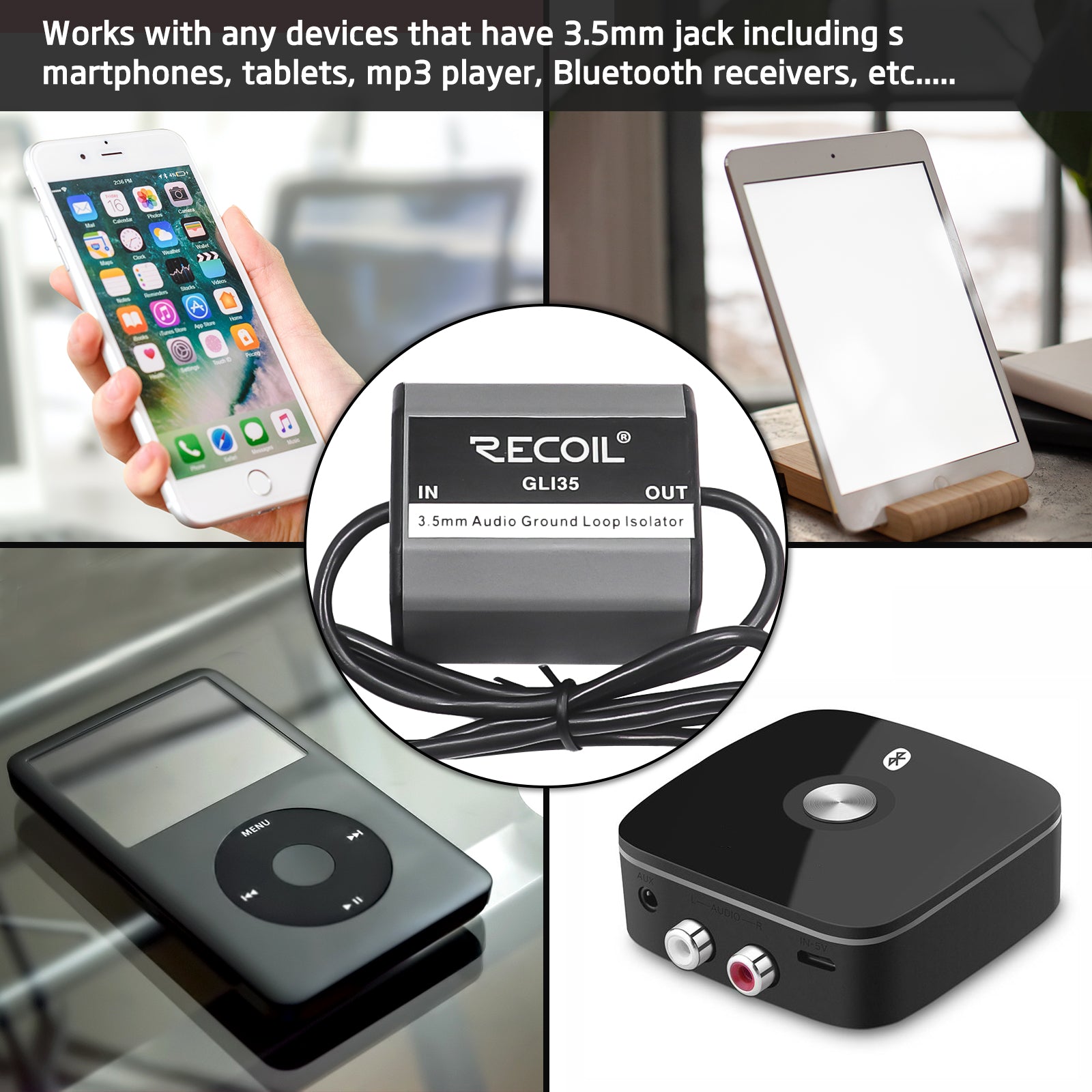 GLI35 - Ground Loop Noise Isolator for Car Audio, Home, Pc Stereo System with 3.5mm Audio Cable, Eliminate Noise