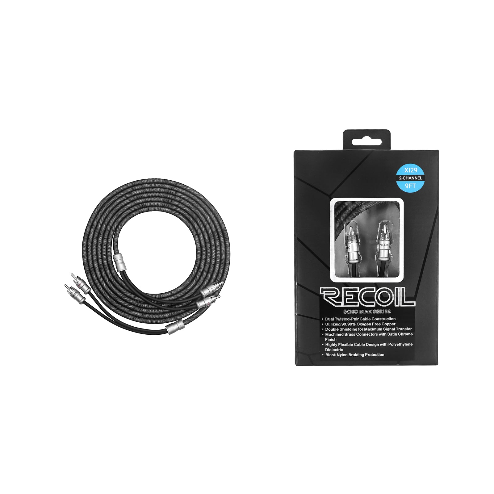 XI29 - Echo Max Series Premium 99.99% Oxygen Free Copper 9ft 2-channel RCA Audio Interconnects Cable, with Machined Brass Connectors & Braided Nylon Jacket