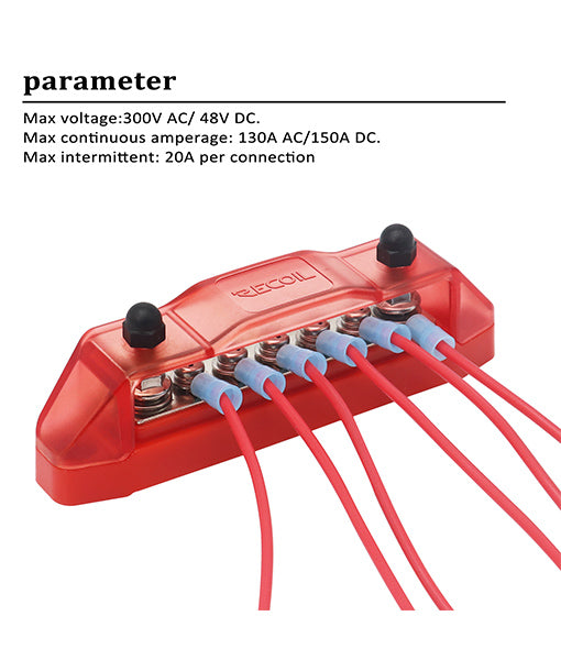 BBS25P - Busbar 2 X 1/4” Studs and 5 Screw Terminals Power Distribution Block with Ring Terminals Pair (red & Black)