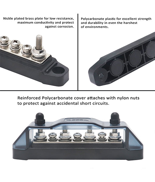 BBS43-B - Busbar 4 X 1/4” Studs, 3 X #8 Screw Terminals Power Distribution Block with Ring Terminals (single Black)