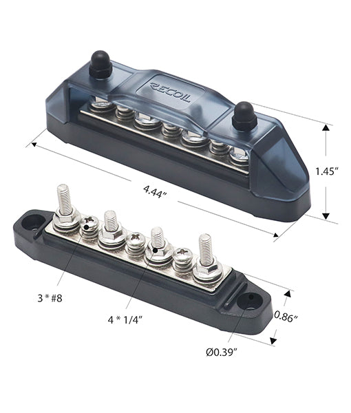 BBS43-B - Busbar 4 X 1/4” Studs, 3 X #8 Screw Terminals Power Distribution Block with Ring Terminals (single Black)