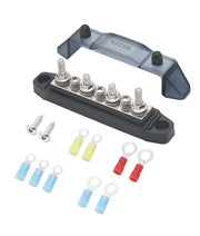 BBS43-B - Busbar 4 X 1/4” Studs, 3 X #8 Screw Terminals Power Distribution Block with Ring Terminals (single Black)