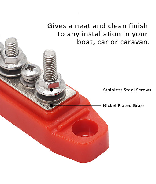 BBS43-R - Busbar 4 X 1/4” Studs, 3 X #8 Screw Terminals Power Distribution Block with Ring Terminals Single (red)