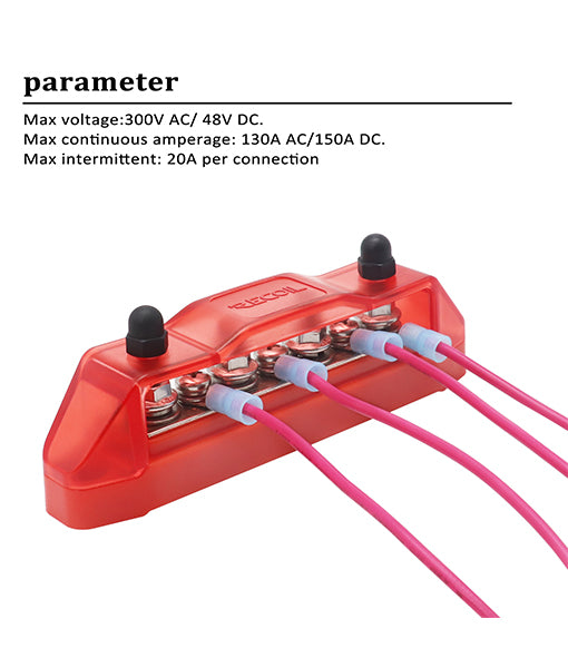 BBS43-R - Busbar 4 X 1/4” Studs, 3 X #8 Screw Terminals Power Distribution Block with Ring Terminals Single (red)