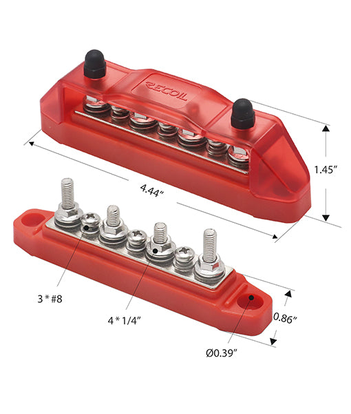 BBS43-R - Busbar 4 X 1/4” Studs, 3 X #8 Screw Terminals Power Distribution Block with Ring Terminals Single (red)