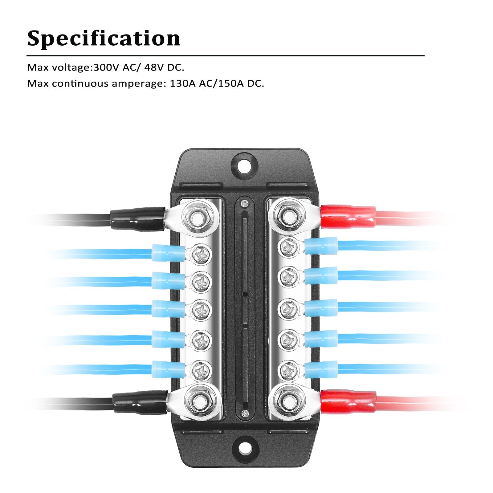 DBBS25 - Dual Row Busbar Positive and Negative 2 X M5 Studs 5 X #8 Screw Terminals Power and Ground Distribution Block with Ring Terminals (red & Black)