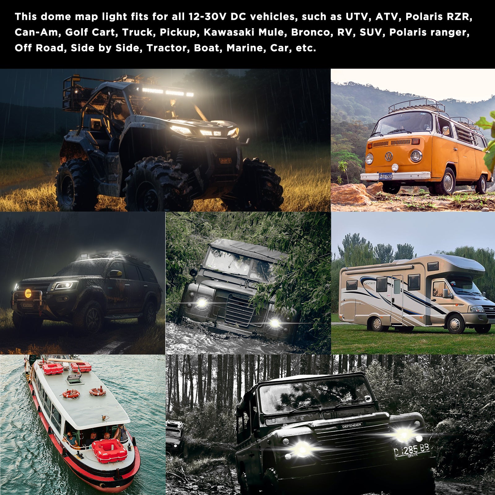 DDL-WG - UTV Golf Cart Dome Light Map Light Interior Light Universal 12-30v LED Light with Roll Bar Mount, IPX7 Waterproof, Super Bright LED with On/off Switch, for UTV ATV Golf Cart Boat RV Van Travel Trailer Off-road Vehicle, White & Green LED